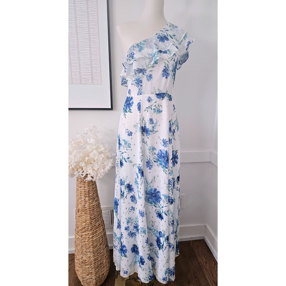 Yumi Kim Anthropologie White Blue Floral Silver Sparkles One-Shoulder Maxi Dress